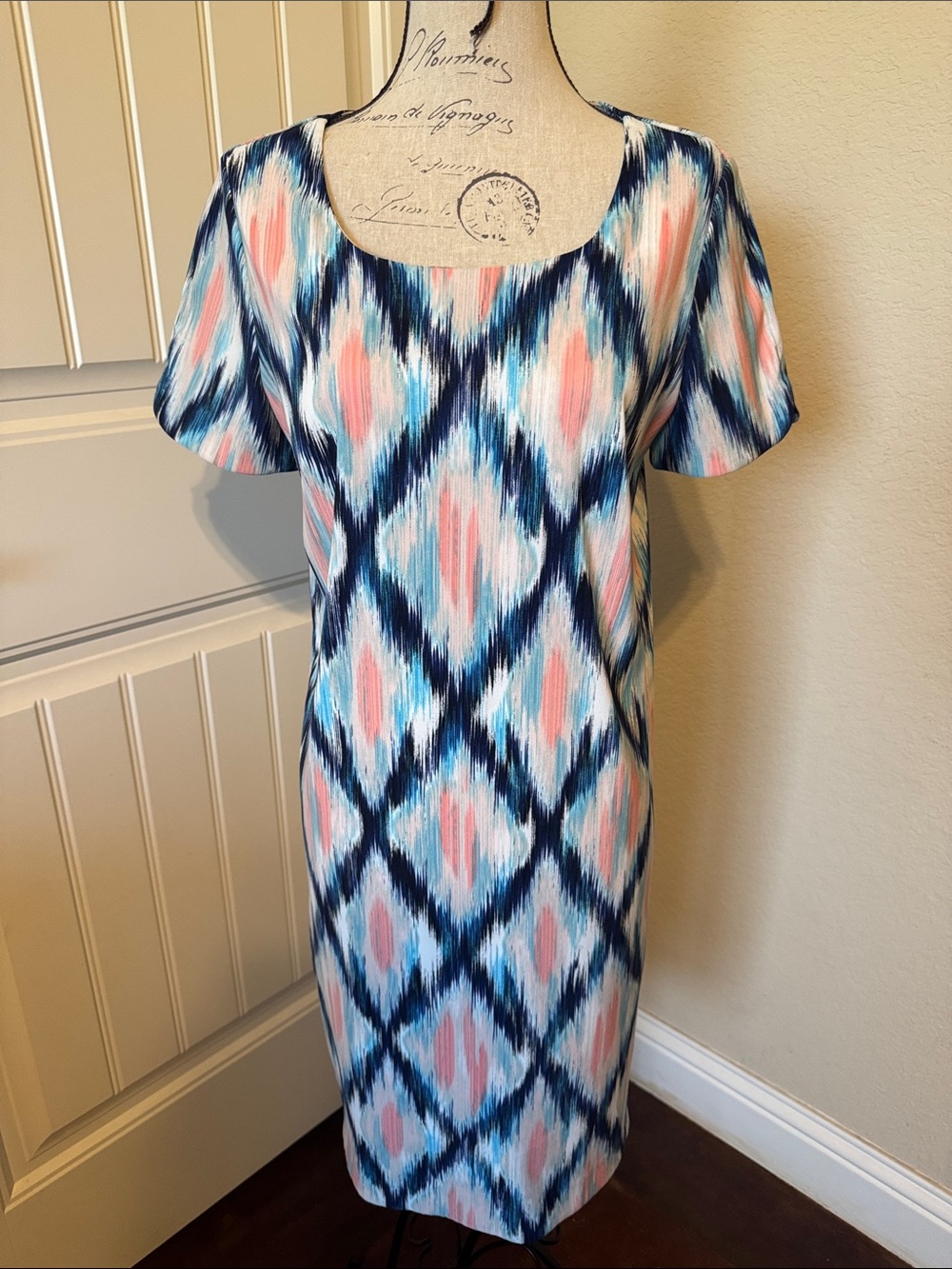 AGB Ikat-Print Midi Dress in Navy, Light Blue & Coral